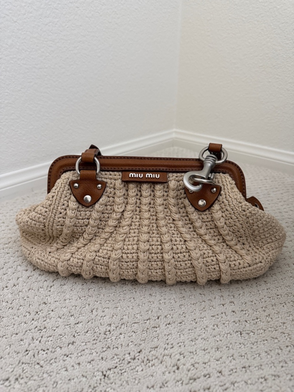 Miu Miu Beige Crochet Frame-Top Clutch with Brown Leather Trim
